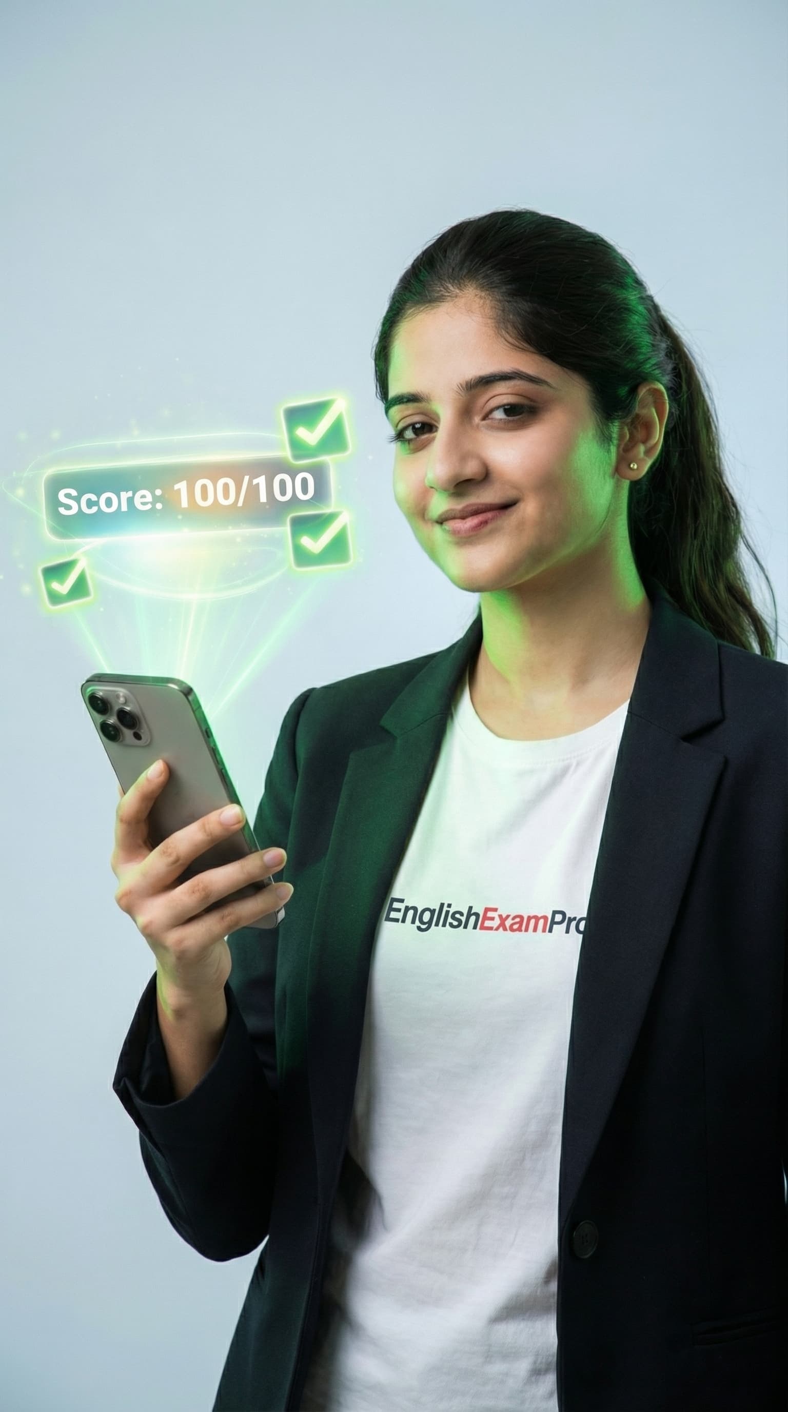 An aspirant happily holding a phone displaying a 100/100 score with green checkmarks.